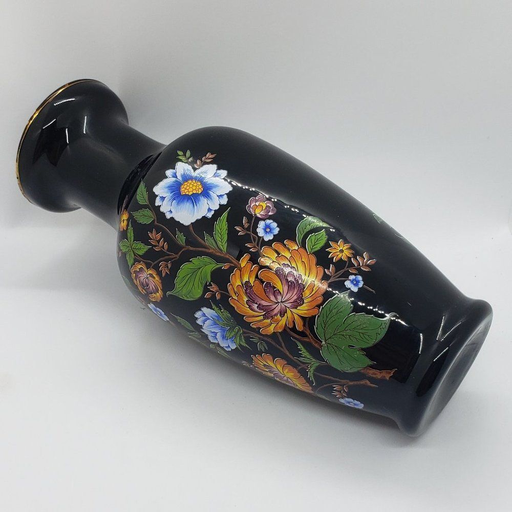 Ardalt Italian Porcelain Black Floral Gold Gilt Vintage Vase